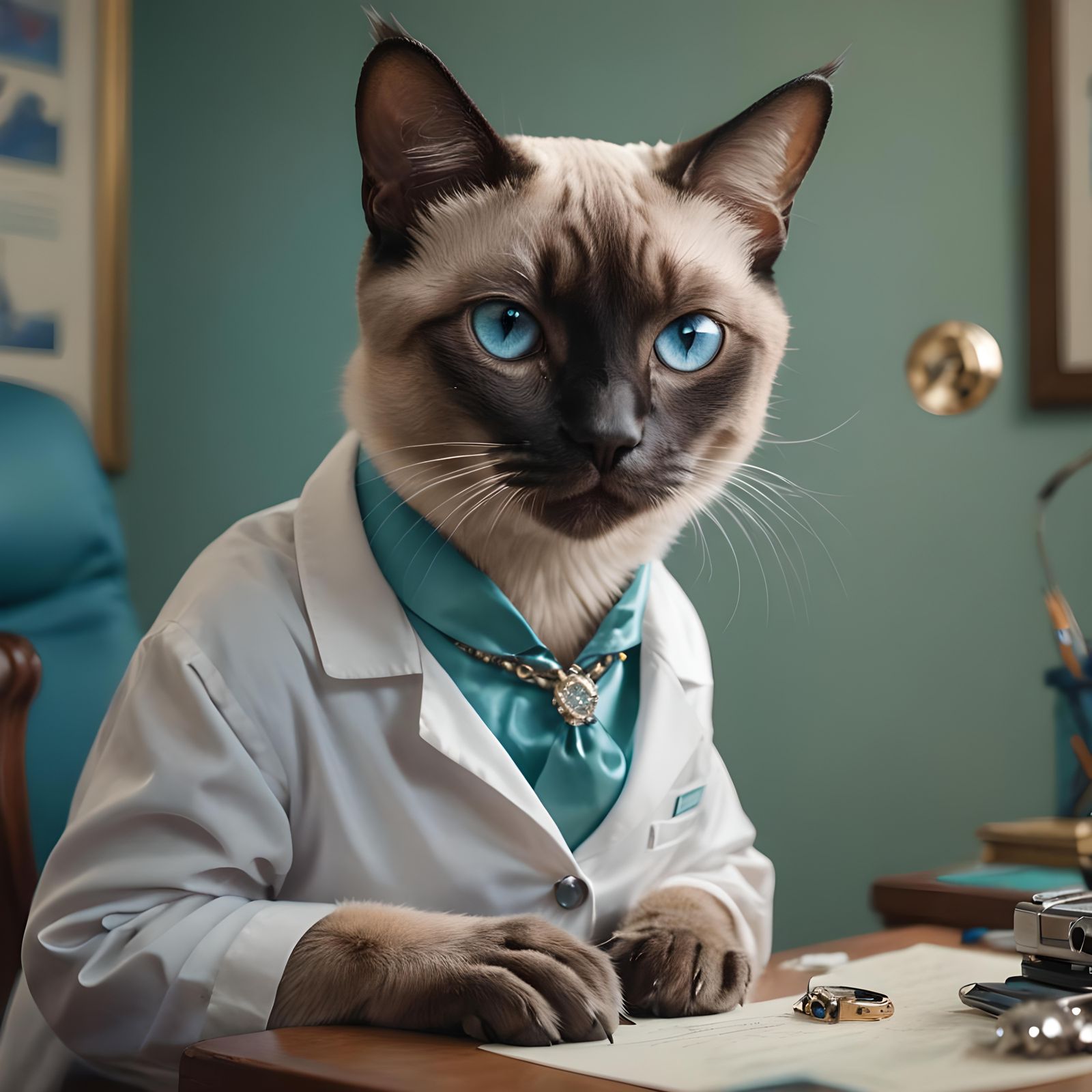 Siamese Cat Oncologist Interview, Hyperrealistic Cinematic P...