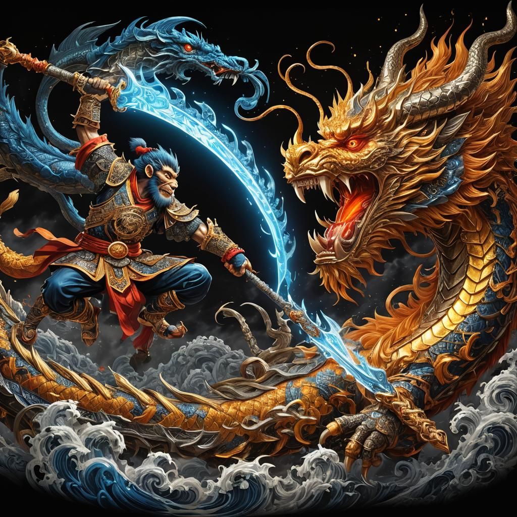 Monkey King Battles Dragon with Blade in Surreal CG Art