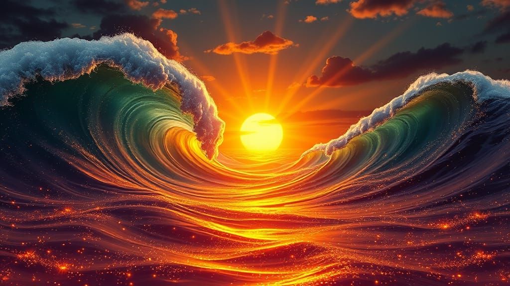 Bioluminescent Liquid Waves in Golden Sunset