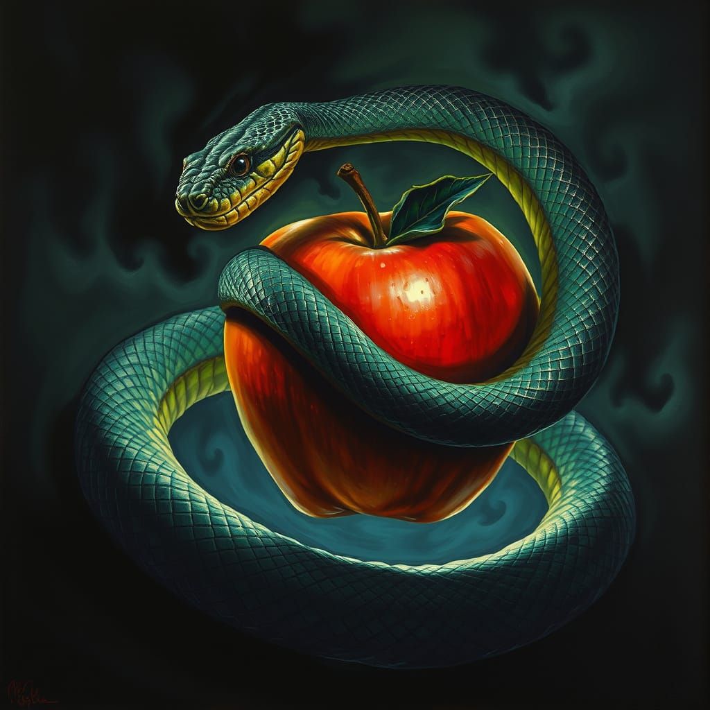 Mystical Serpent Entwines a Vibrant, Juicy Apple in Dark Fan...