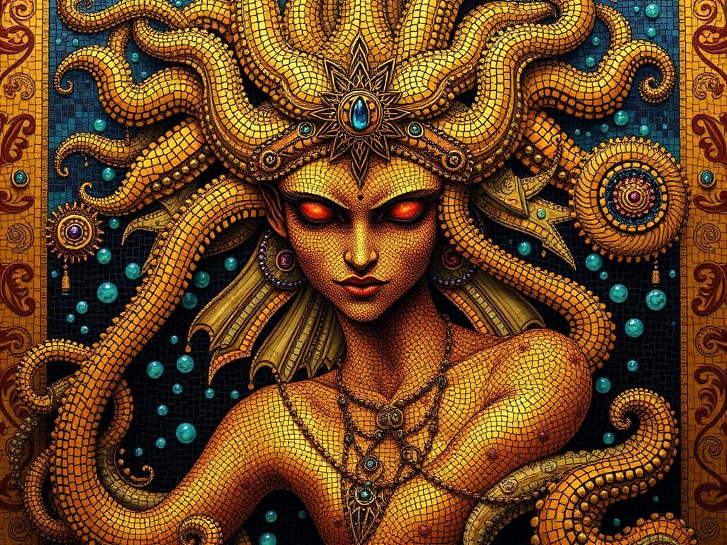 Steampunk Medusa in Gold Leaf Mosaic Style
