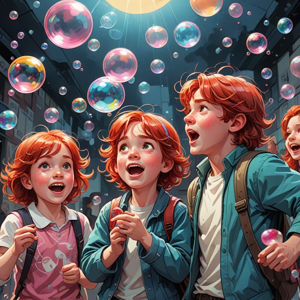 Comic Book Children Blow Bubbles in Vibrant High-Key Lightin...