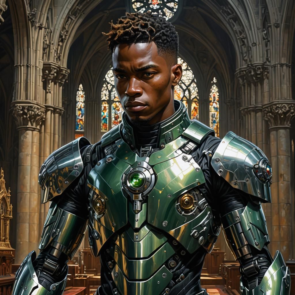 Cyborg Knight Ready for Battle in Gothic Church