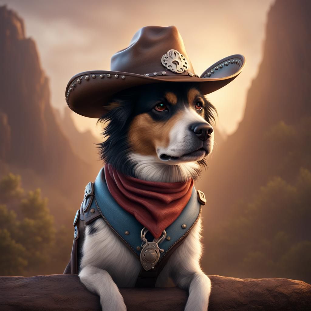Dog in Cowboy Hat, Detailed Matte Painting