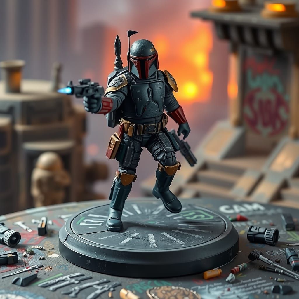 Boba Fett Miniature Figure in Dystopian Cityscape