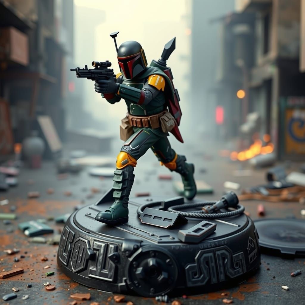 Boba Fett Miniature Figure in Dystopian Cityscape