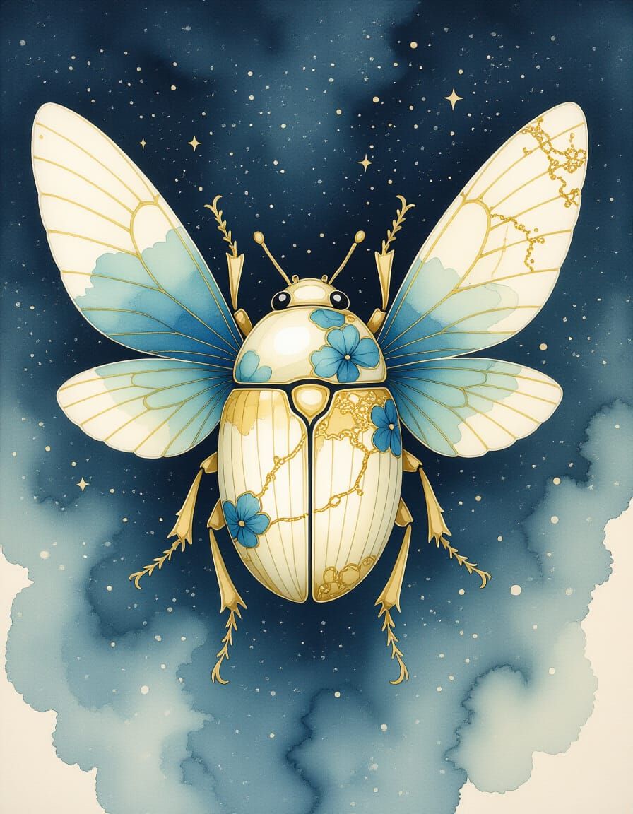 Fantasycore Kintsugi Porcelain Beetle with Watercolor Wings