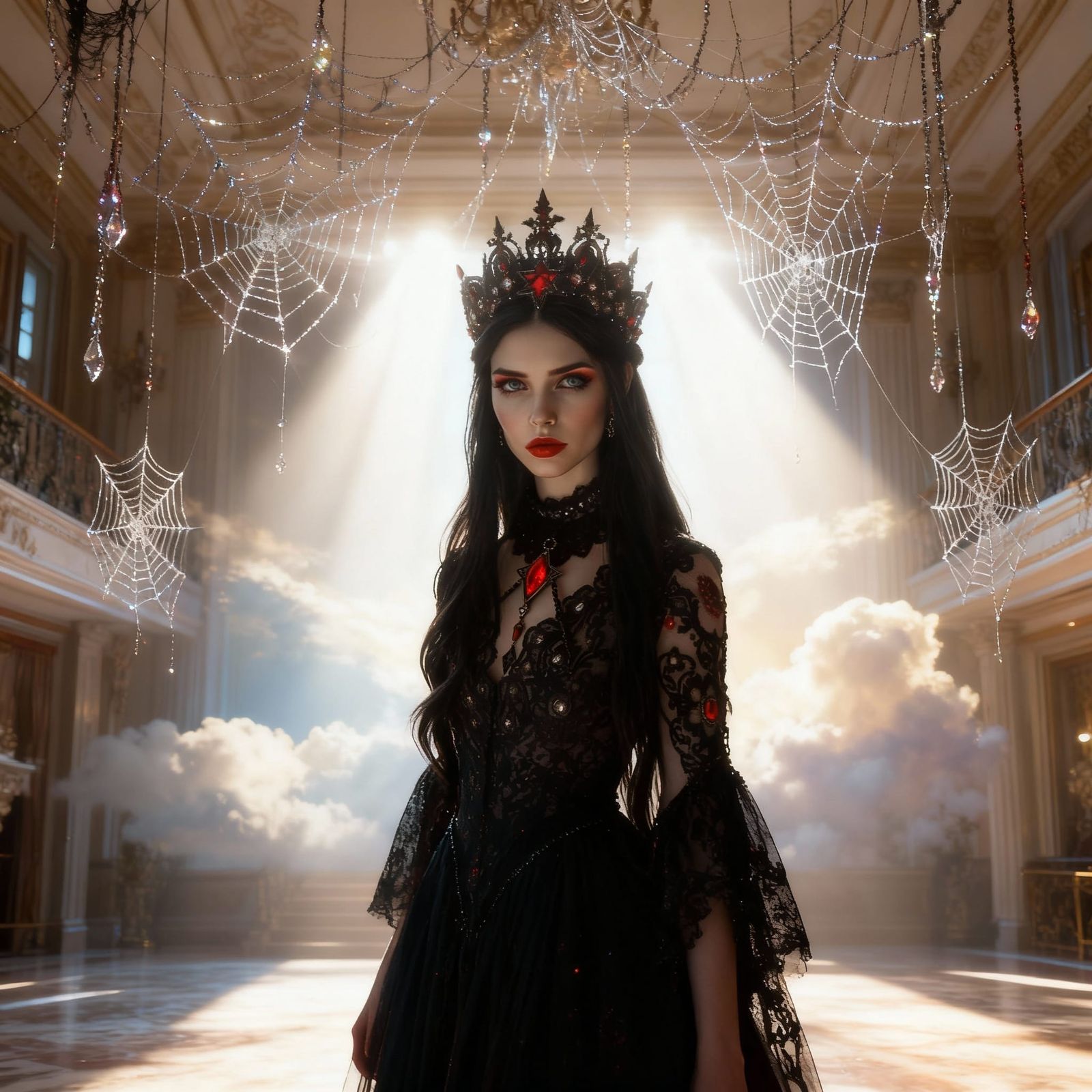 Woman in Mansion Amidst Sunlit Cobwebs