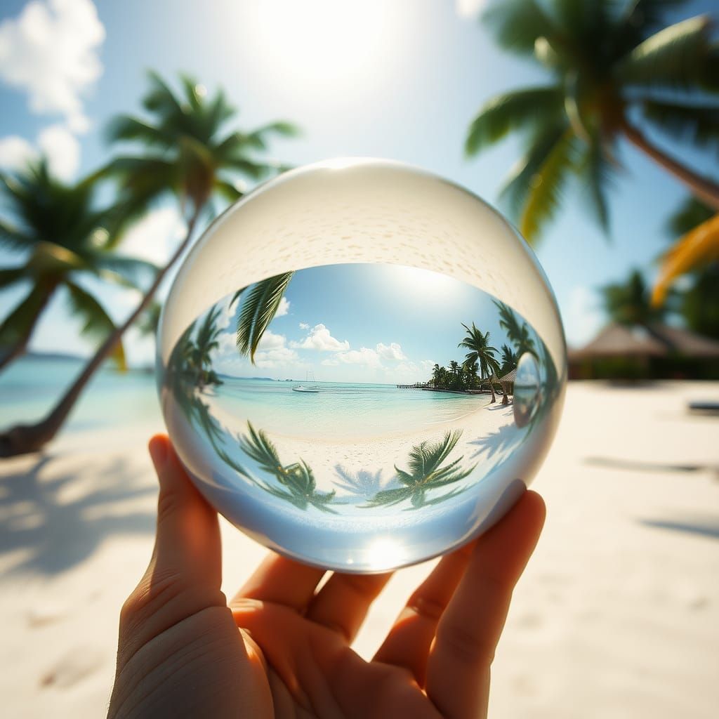Crystal Orb Reflecting a Serene Tropical Paradise