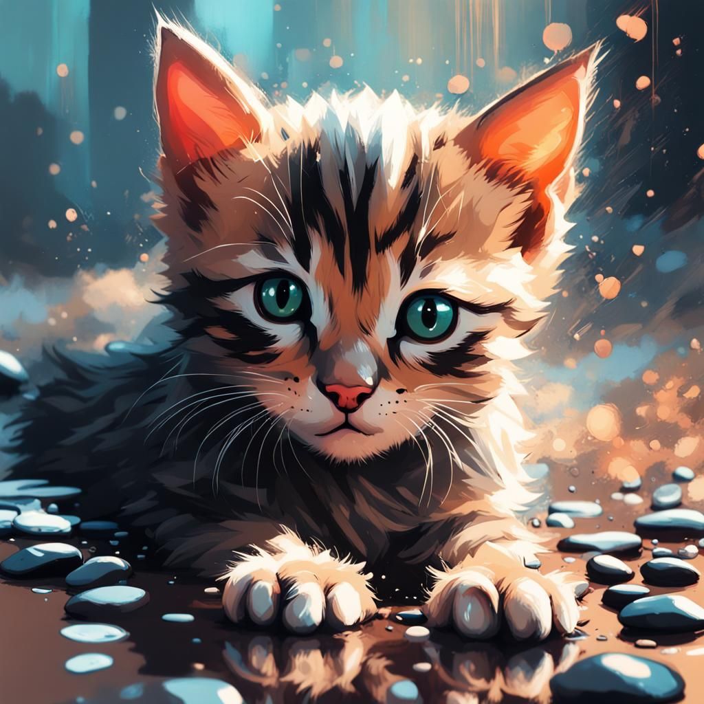 Pebble Kitten with Angelic Theme, Digital Art