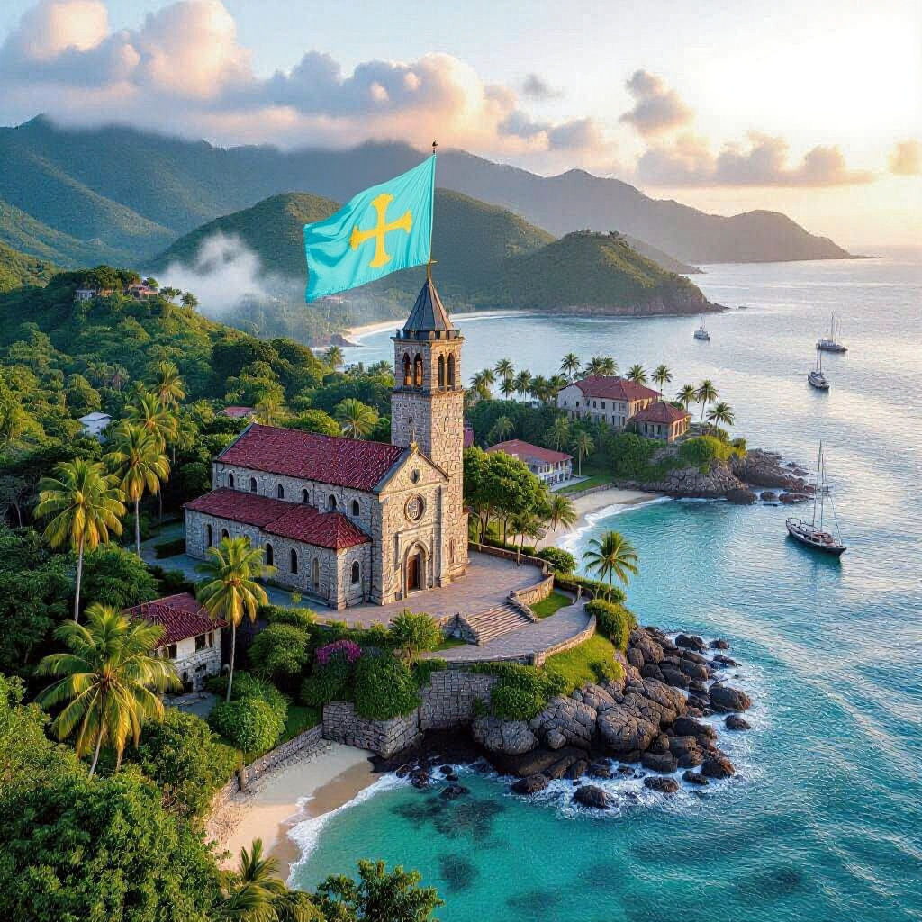 Tropical Island Dawn with Romanesque Church