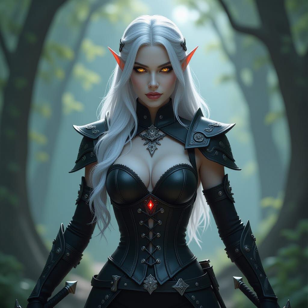 Beautiful Dark Elf Warrior with Silver Hair and Glowing Eyes