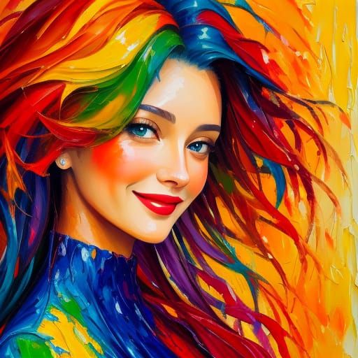 Gouache Painting of a Smiling Woman in Neo-Impressionist Sty...