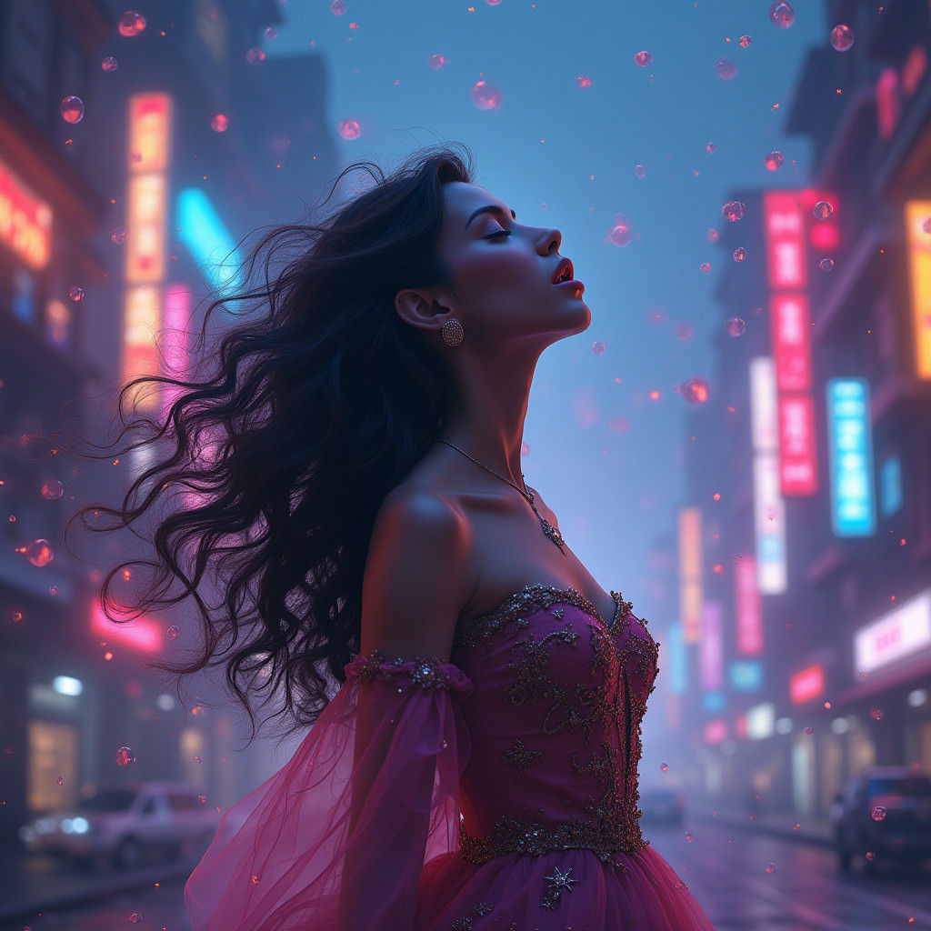 Neon City Singer in Ornate Gown