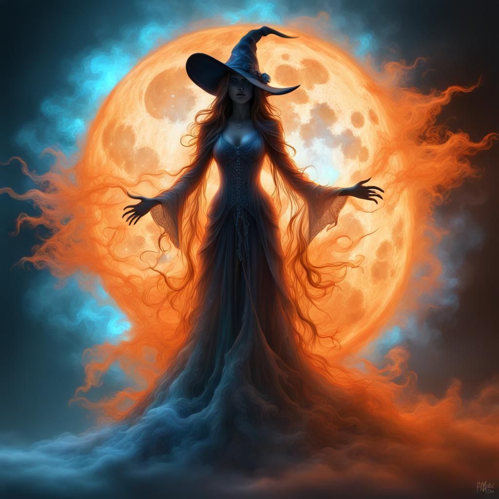 Glowing Witch Ghost with Bioluminescent Moon