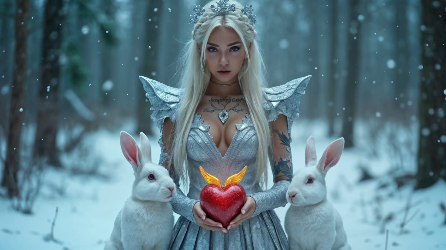 Fantasy Woman in Silver Gown in Snowy Forest