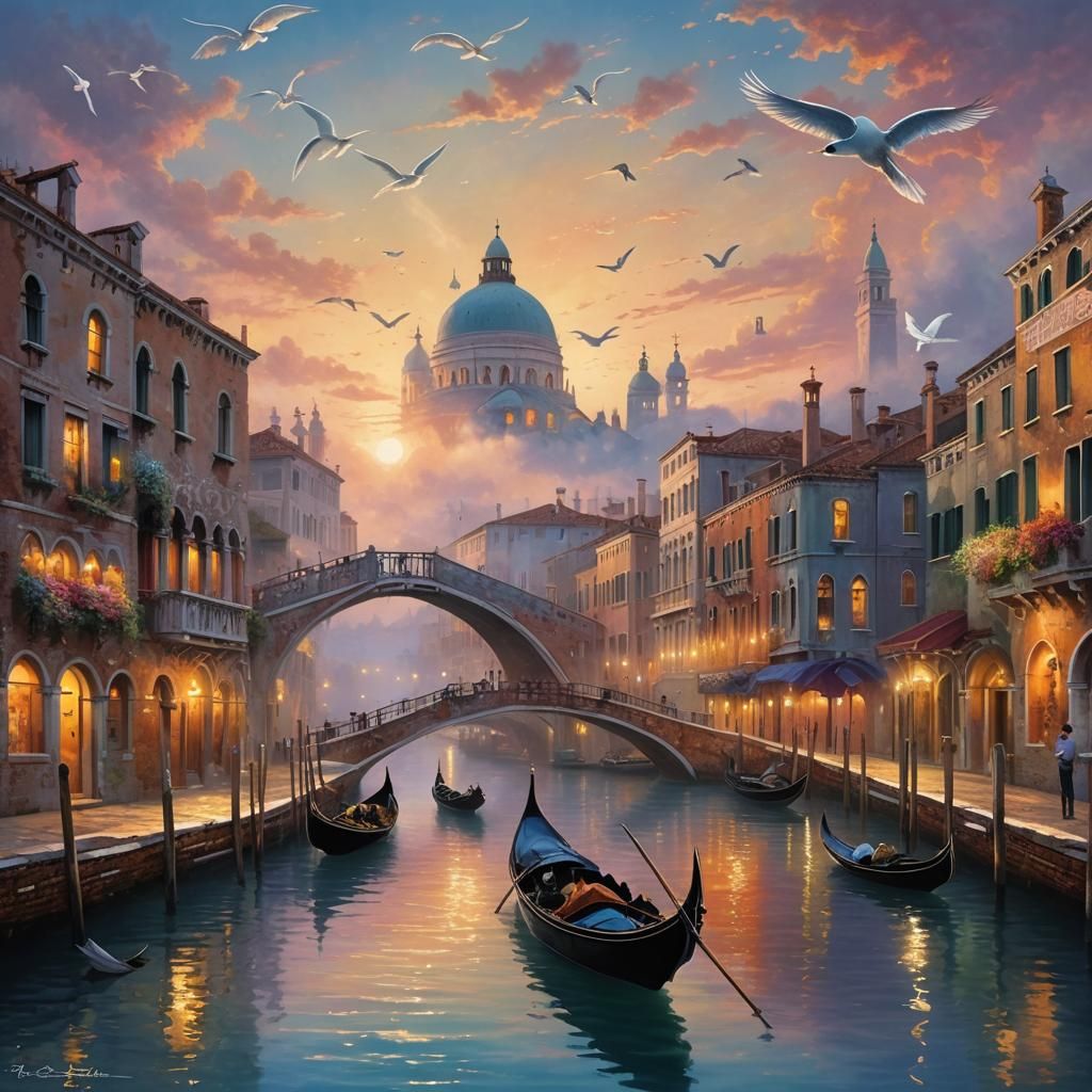 Venice Gondolas at Sunset in Ethereal Style