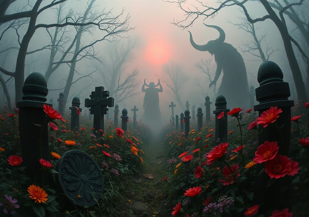 Eerie Graveyard of Old Gods: Hyperrealistic Oil Painting