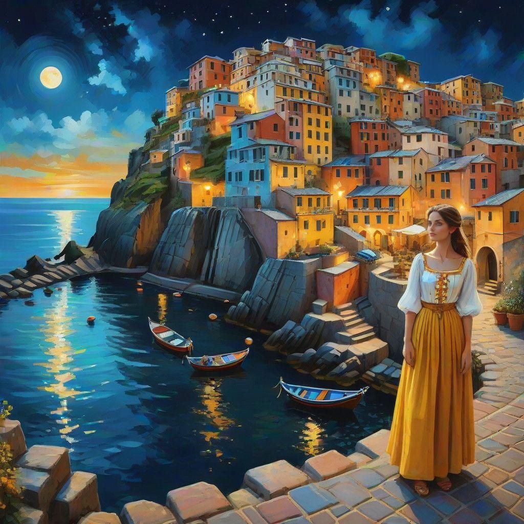 Romantic Italian Village Scene Under Full Moon Night
