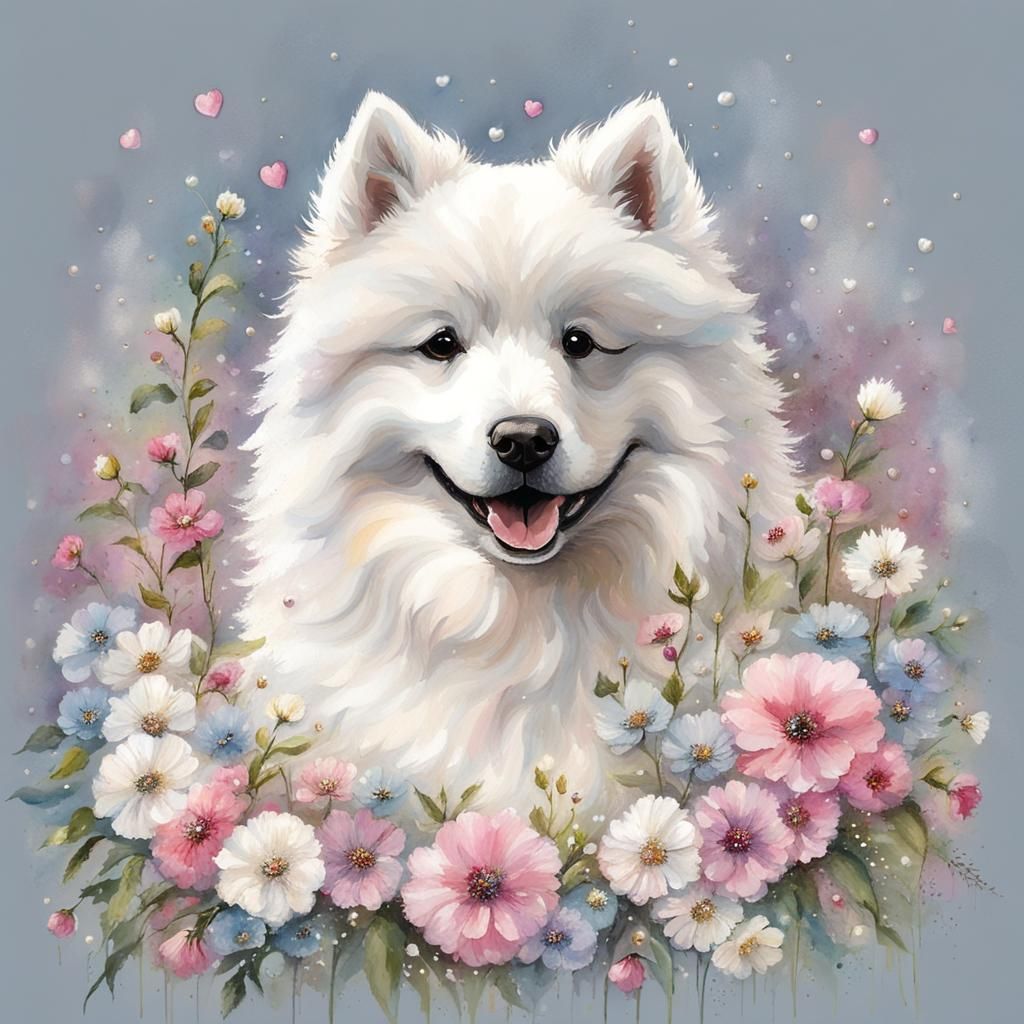 Samoyed Dog Portrait with Floral Accents