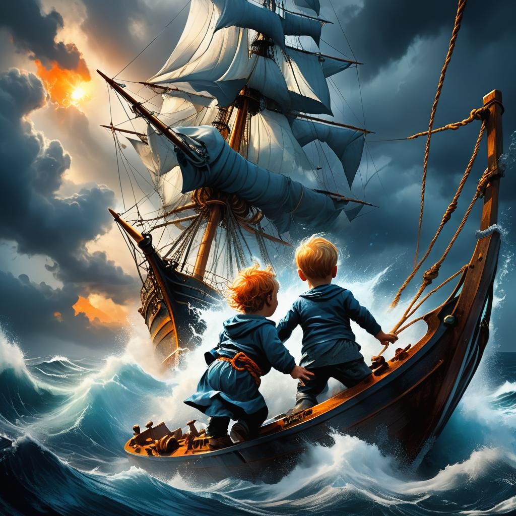 Giant Toddler Reaching for Sailing Ship: Fantasy Art