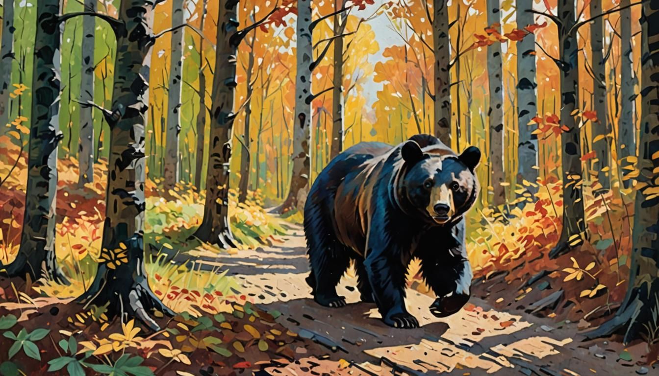Black Bear in Sunny Autumn Clearing: Gouache Impressionism