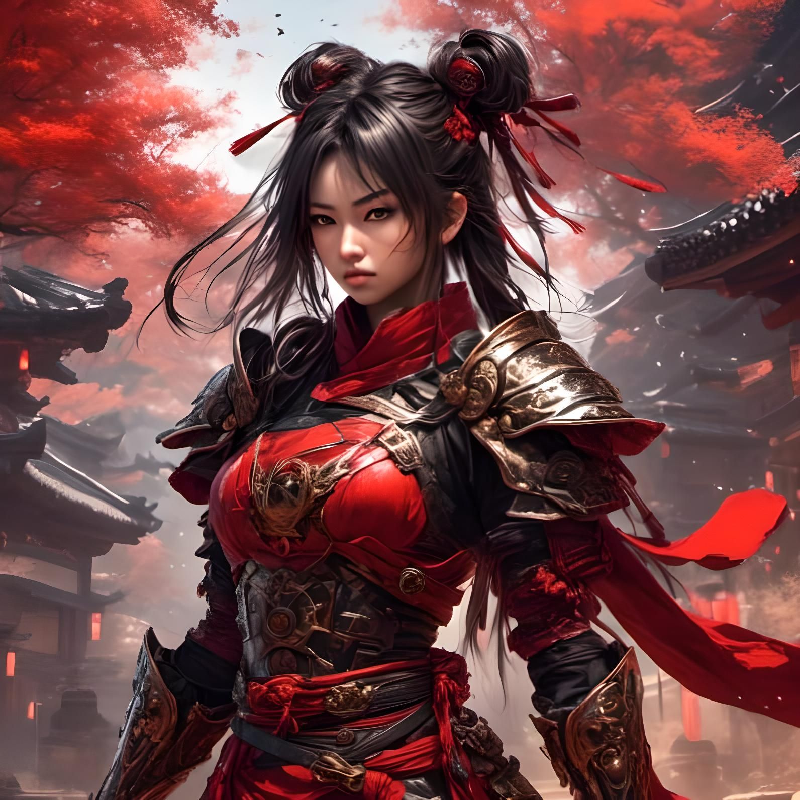<lora:MeinaCafe:1.0> red warrior girl japanese samurai girl cyberpunk oriental fantasy intricate details, HDR, beautiful...
