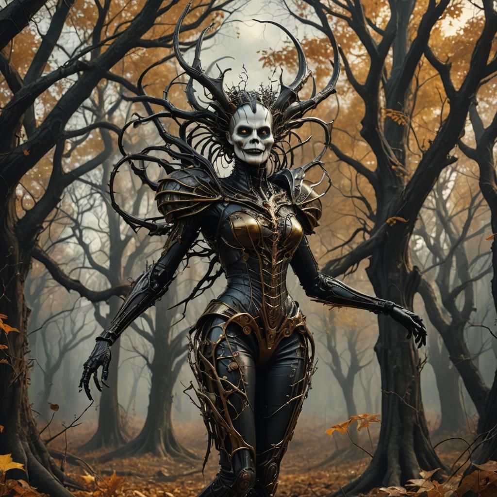 Cyber Gothic Creature Dancing in Autumnal Forest