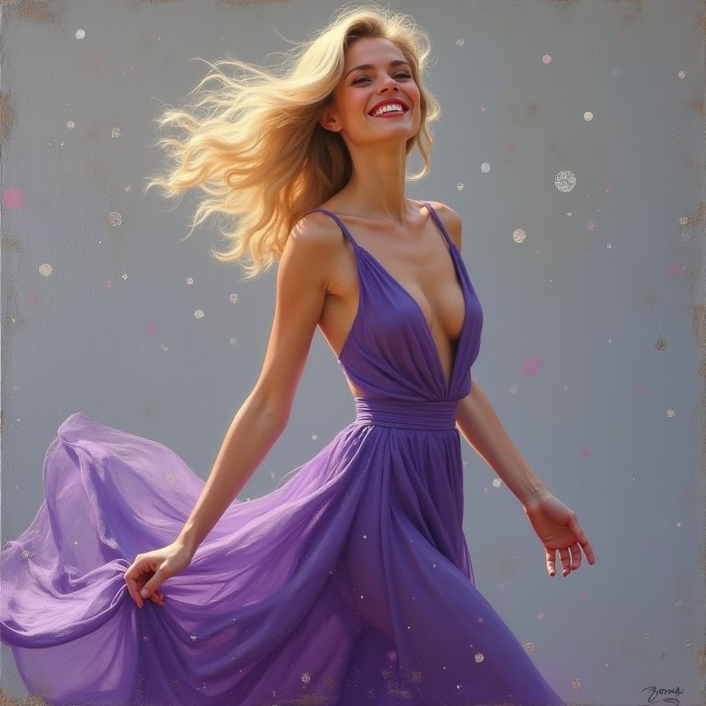 Elegant Woman in Violet Silk Dress, Golden Accents