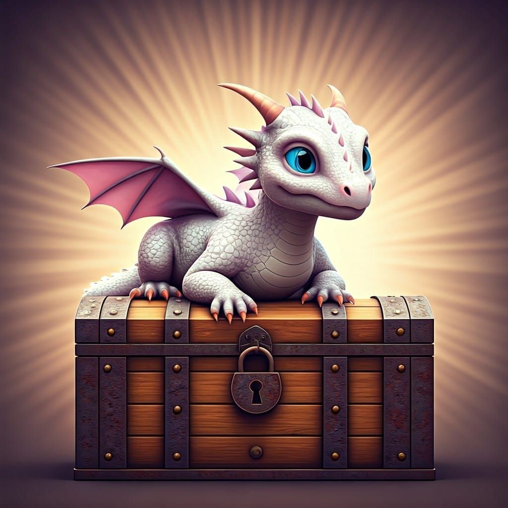 White Dragon Baby on Treasure Chest in 3D