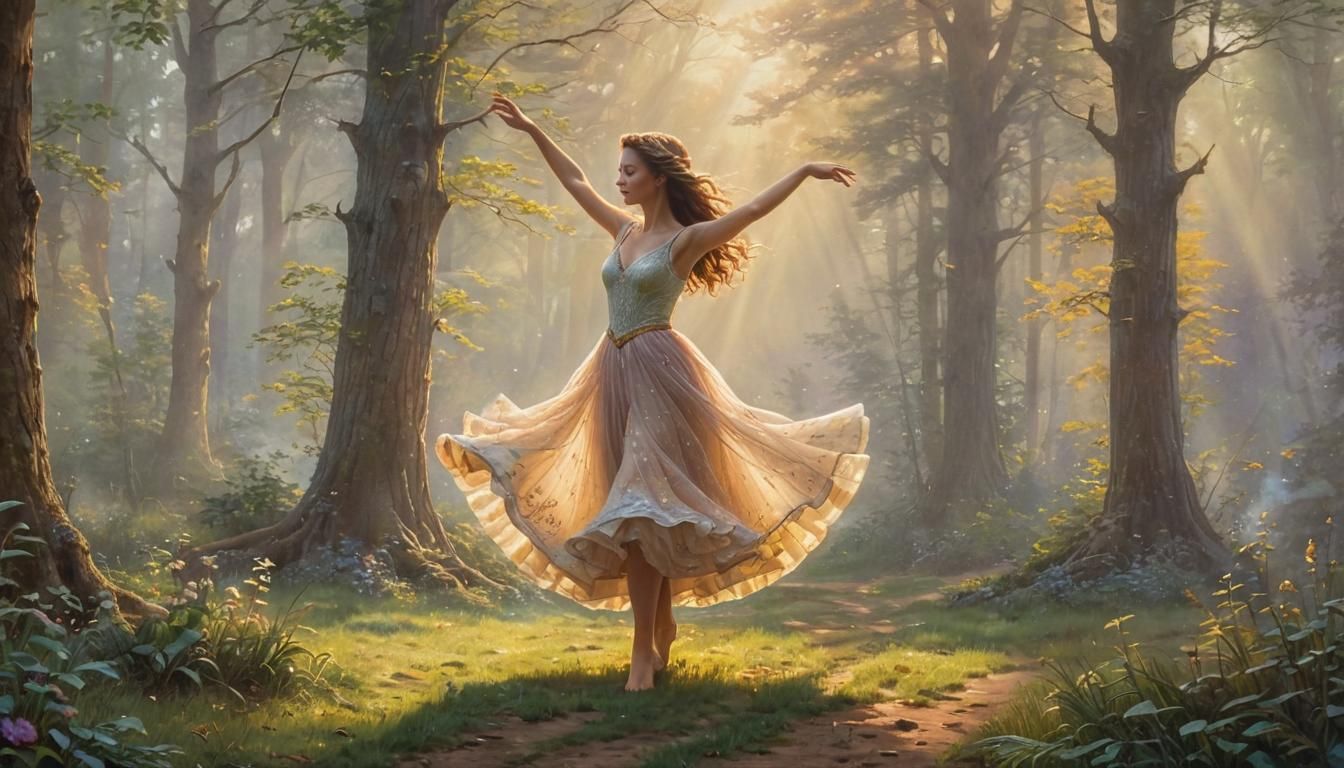 Ethereal Woman Dancing in Golden Light, Kinkade Style