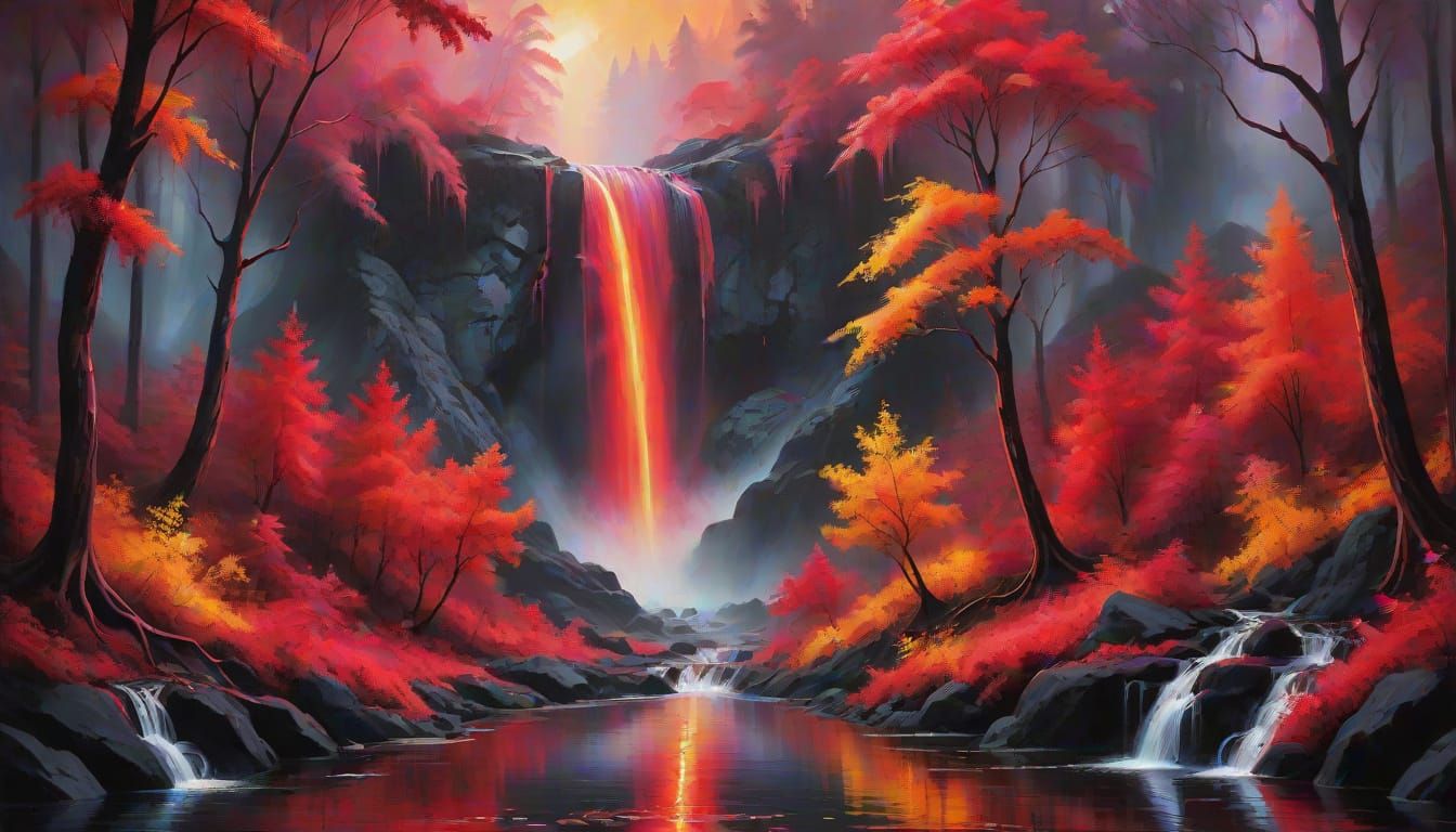Vibrant Oil Painting of a Fiery Waterfall Illuminating a Dar...