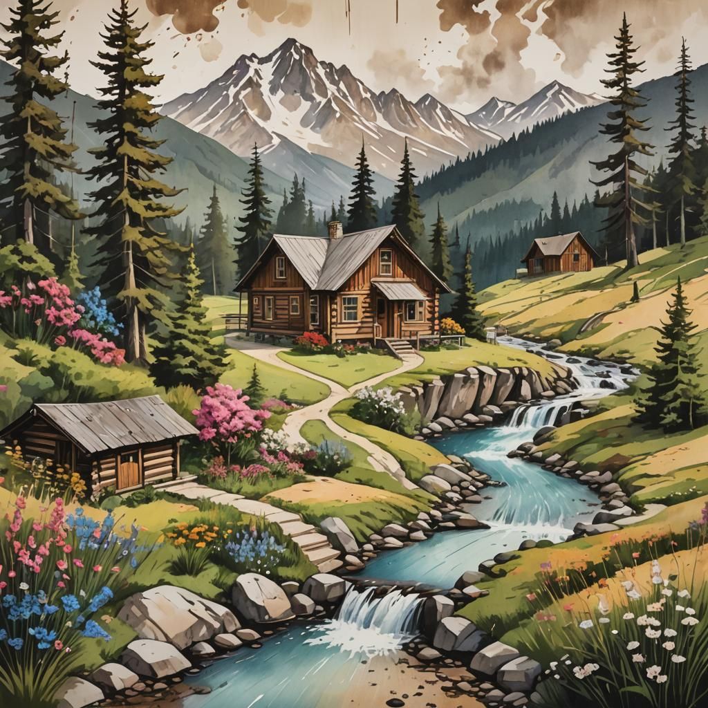 Cabin in Mountain Landscape in Gouache Watercolor Style