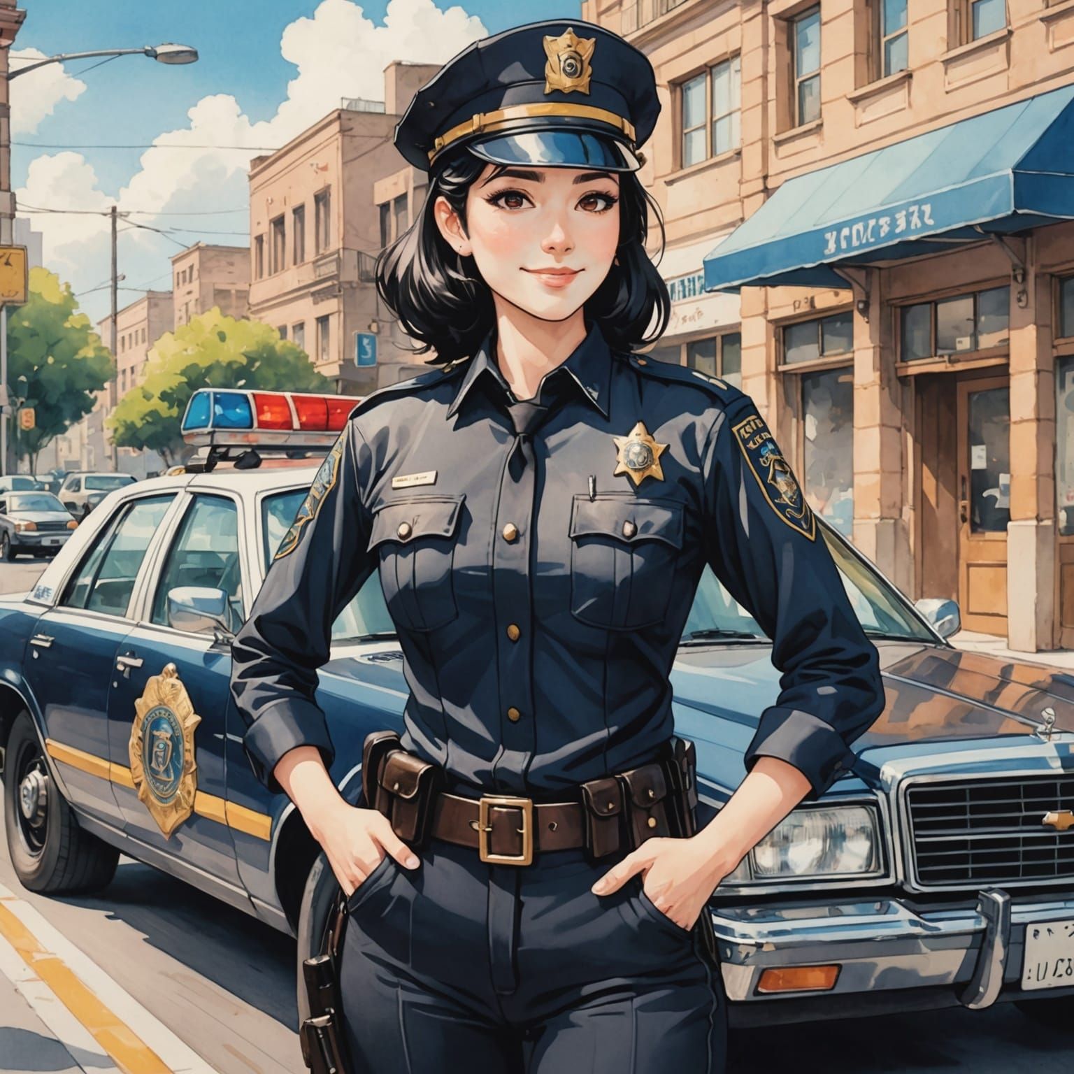 Anime Style Cop by Car in Watercolor