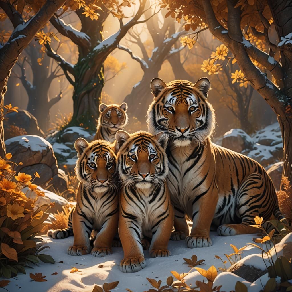 Mother Tiger and Cubs in Autumn Den