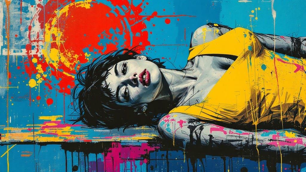 Stylized Woman in Yellow Top Against Blue Background