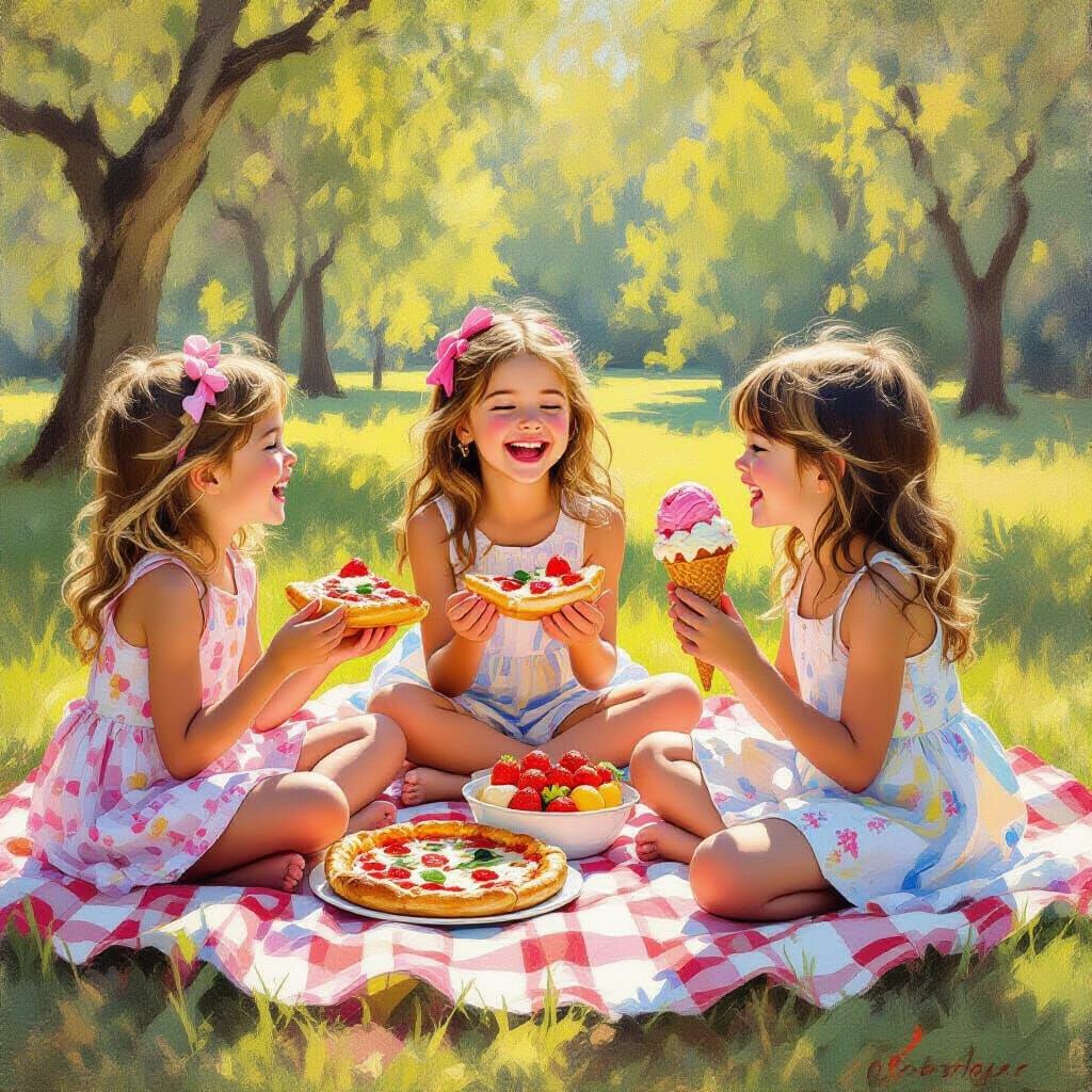 Joyful Girls Share Picnic Feast in Sun-Dappled Park