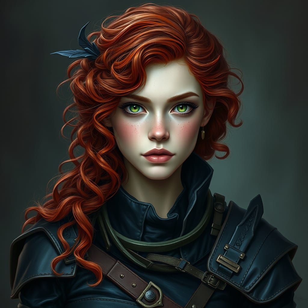 Red-Haired Thief in Black Armor: Fantasy Art Portrait
