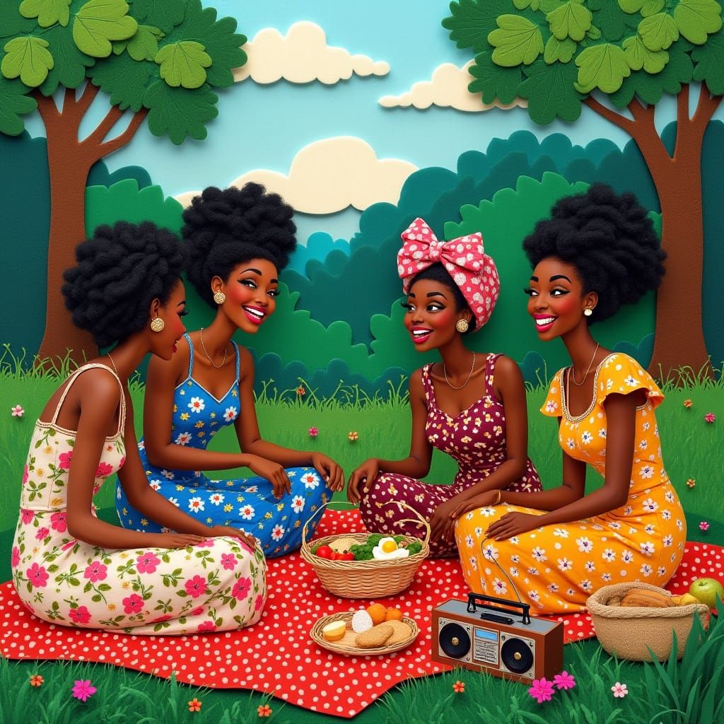 Stylish Picnic in Lush Park: Felt Art Style