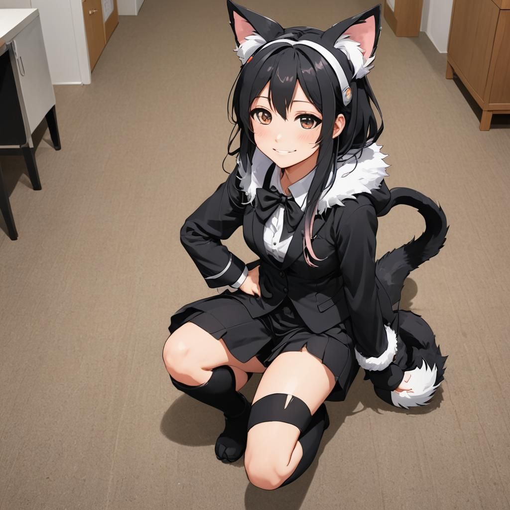 Anime Catgirl in Black Suit Crouching