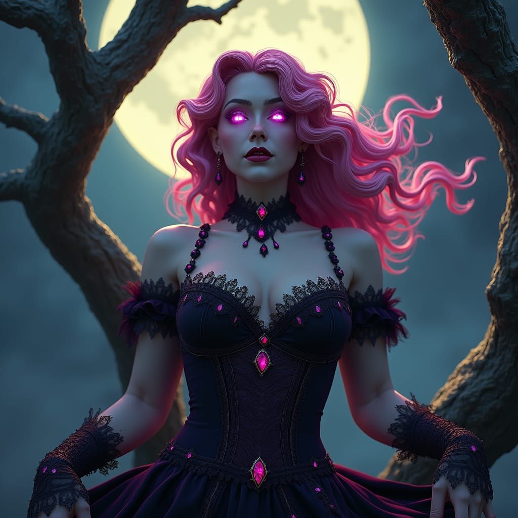 Pink-Haired Vampire in Gothic Attire Under Night Tree