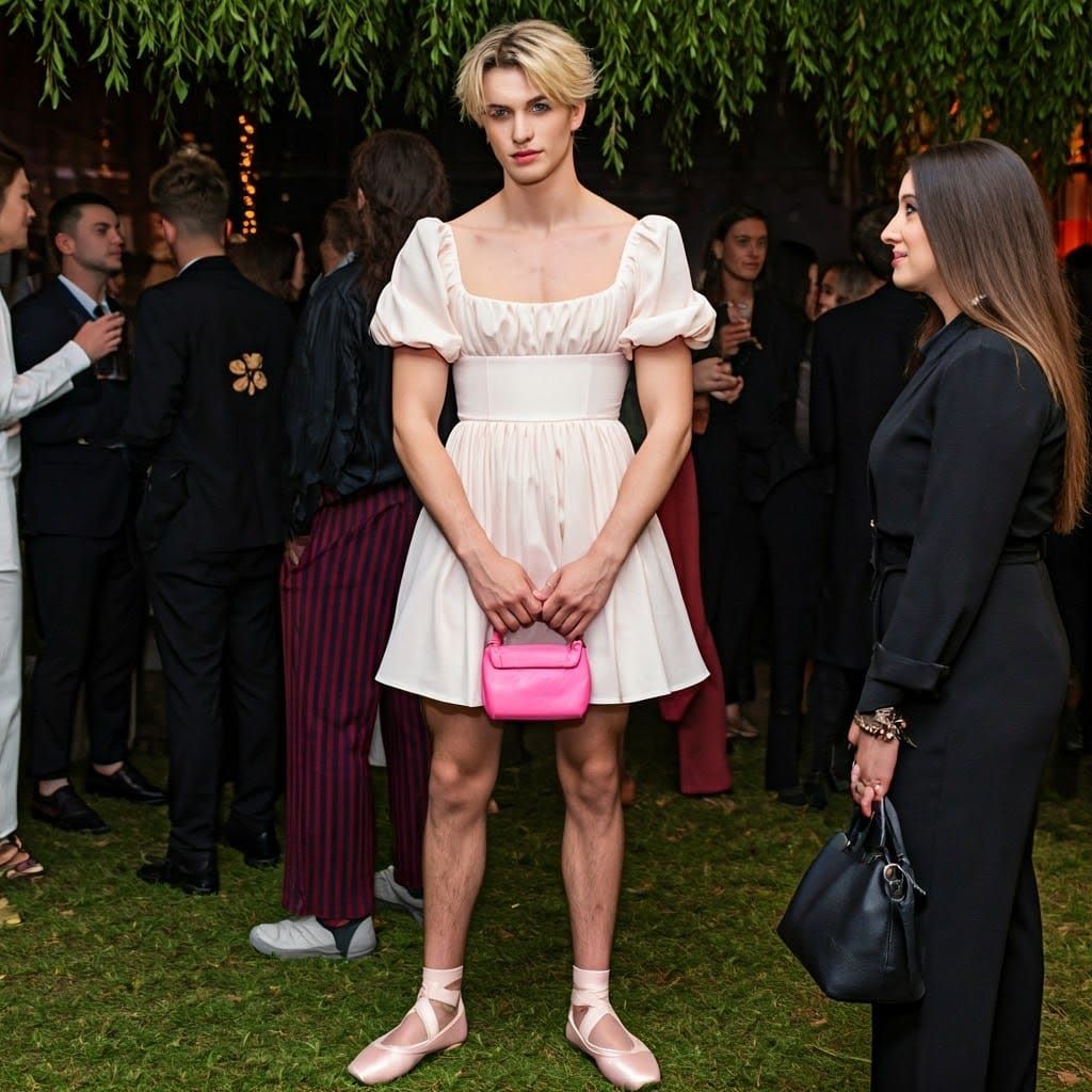 Chiseled Man Stands Confidently in Feminine Mini Dress