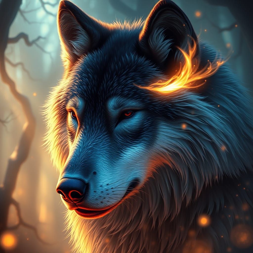 Wolf Receives Ethereal Kiss in Mystic Forest