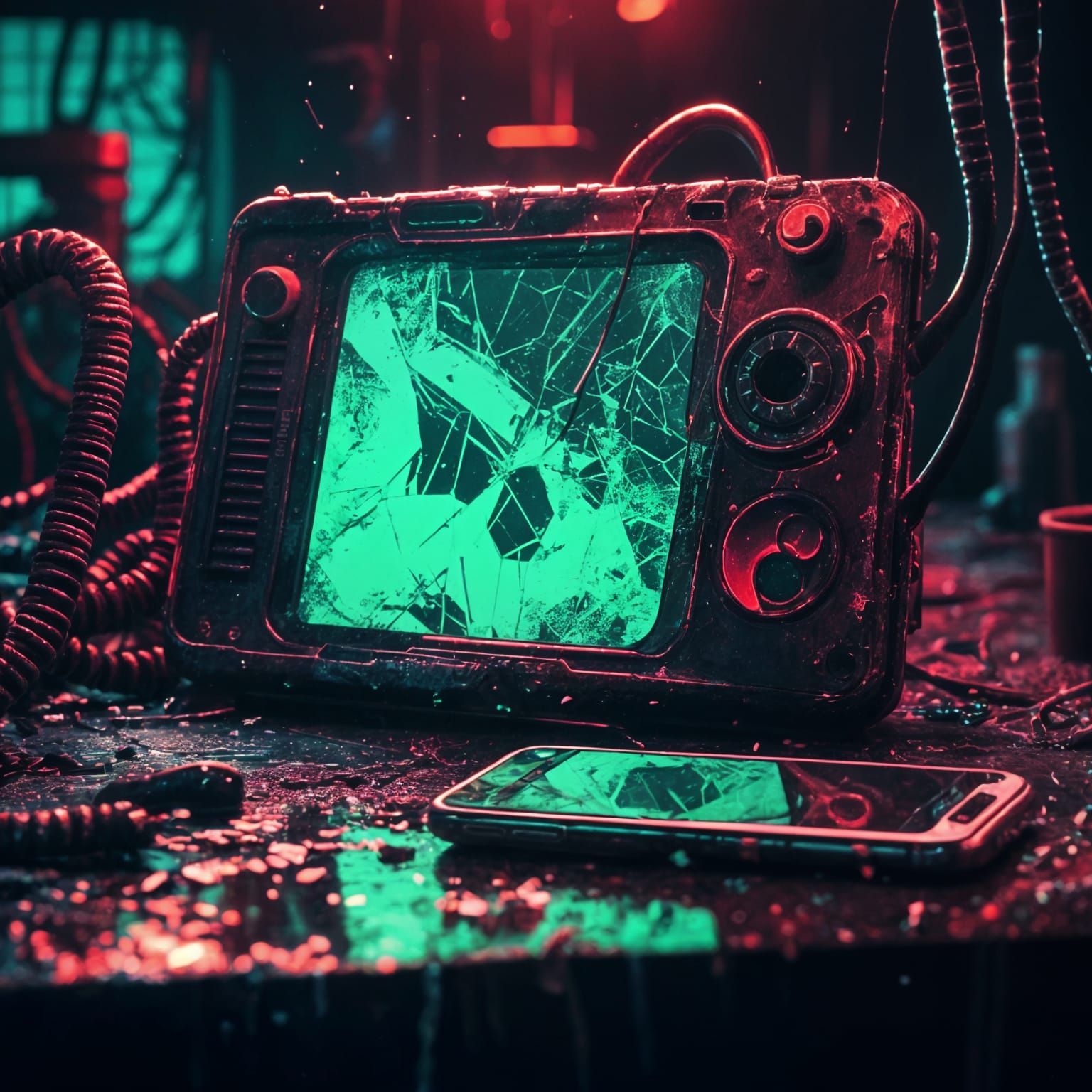 Eerie Cracked Smartphone Screen in Darkness