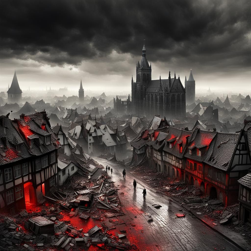 Panoramic View of a Burned Medieval City with Zombies