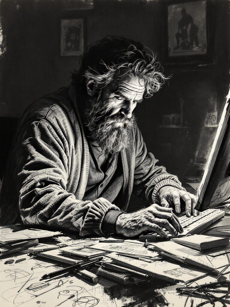 Artist's Hands Create Digital Gods in Moody Charcoal Style