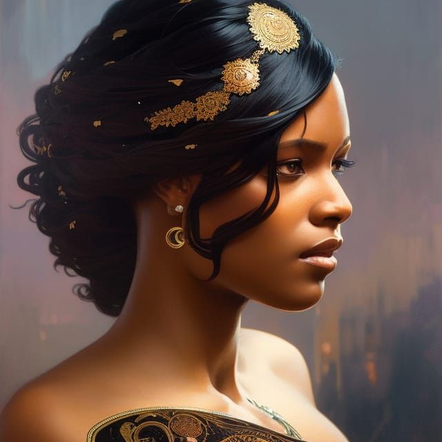 Detailed Portrait of Hazel-Haired Woman, Art Nouveau Style