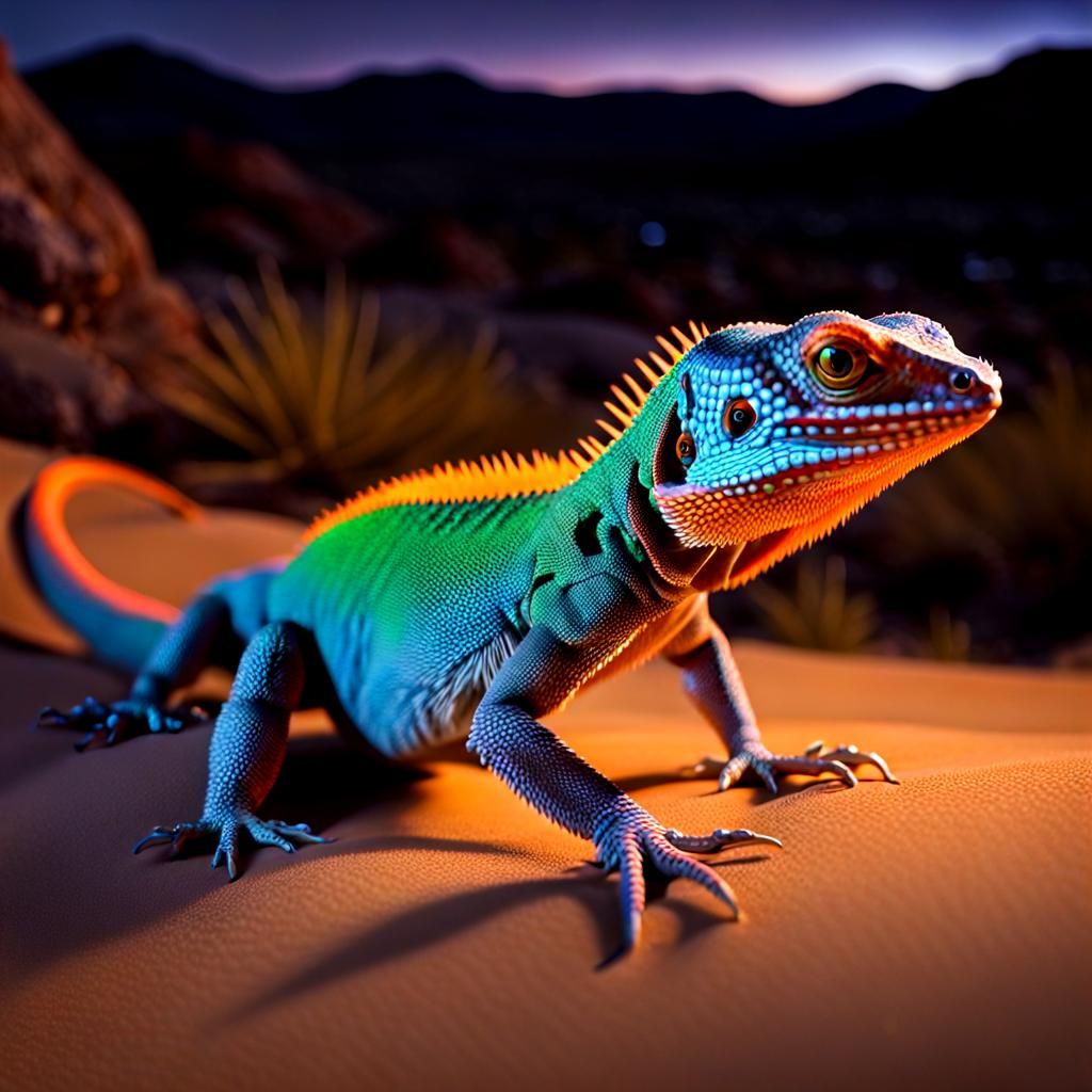 Iridescent Lizard in Glowing Desert Nightscape