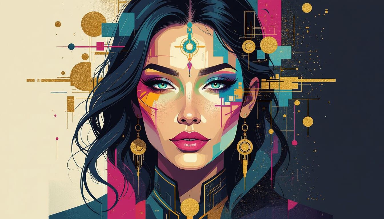 Cyberpunk Shaman Portrait in Geometric Style