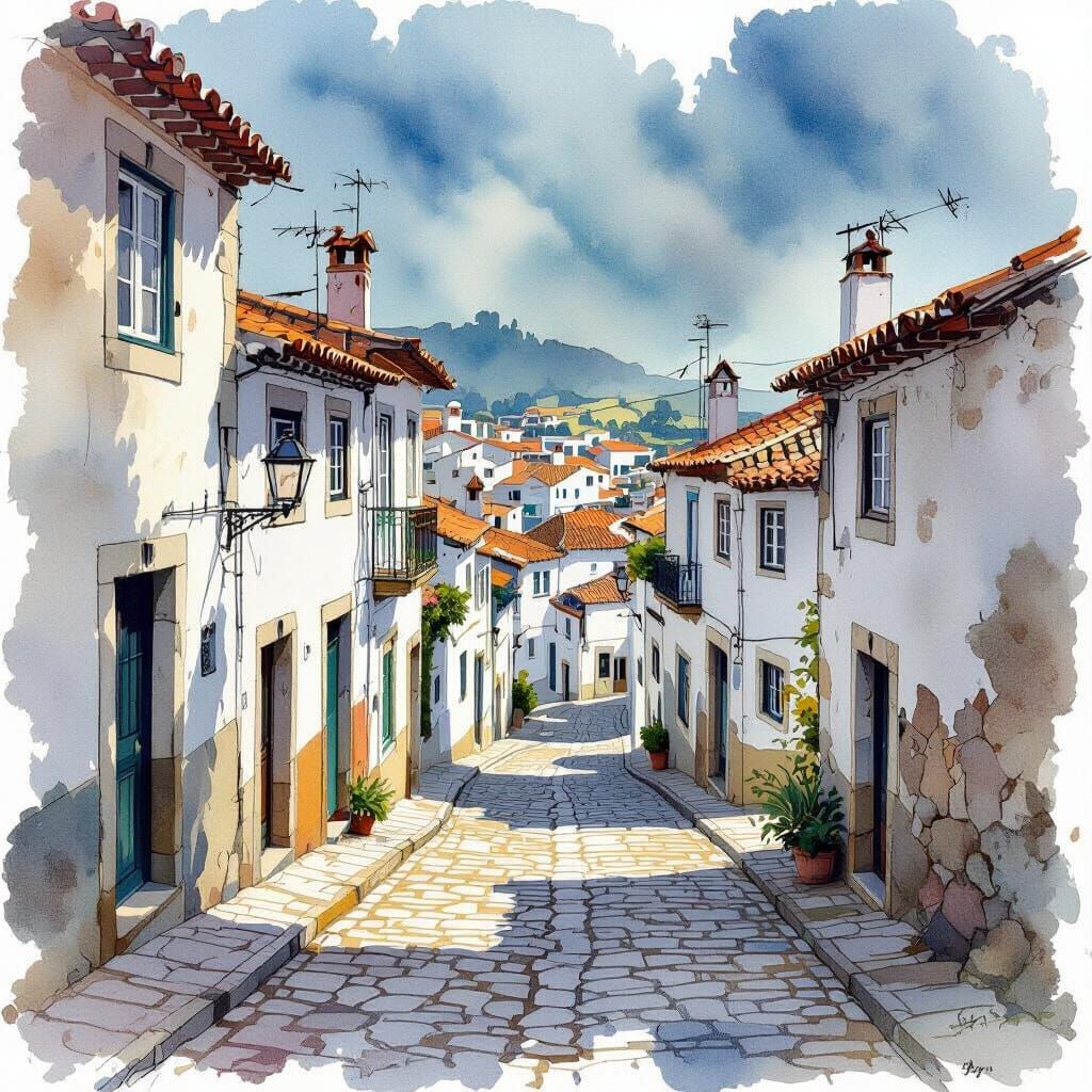 Charming Portuguese Village Street in Whimsical Ink Style